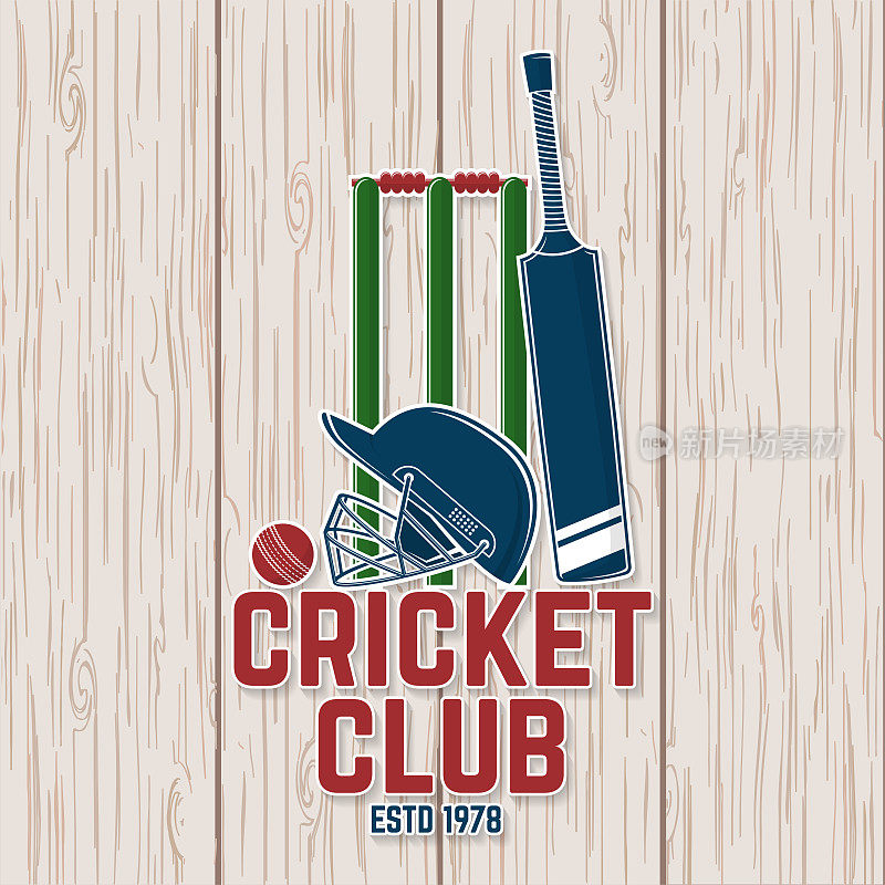 Cricket club patch or sticker. Vector. Concept for shirt, stamp or tee. Vintage typography design with bat , wicket, bail and cricket ball silhouette. Templates for sports club.